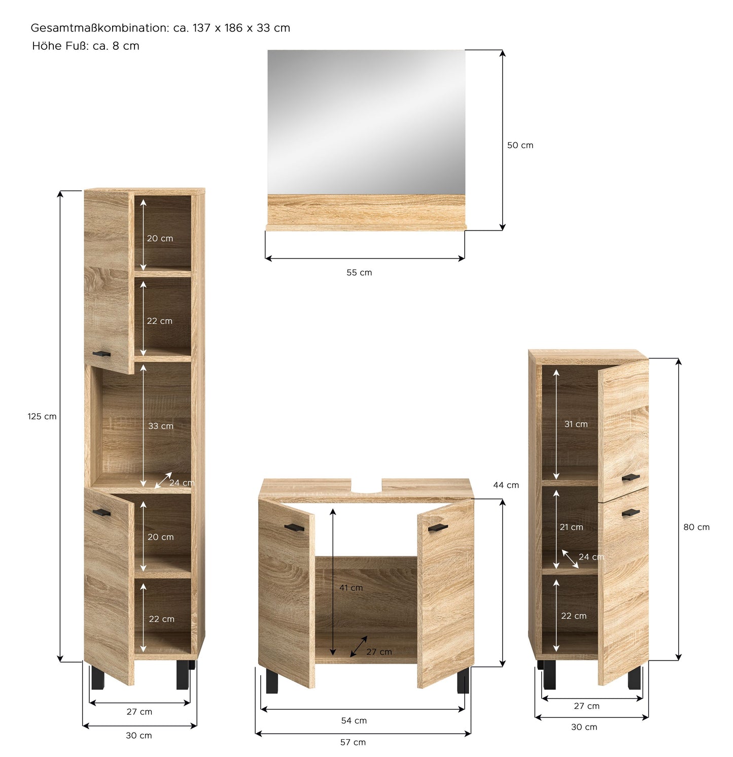 Homes & Jones Badezimmer Set 4tlg. Badmöbel hängend oder bodenstehend montierb.