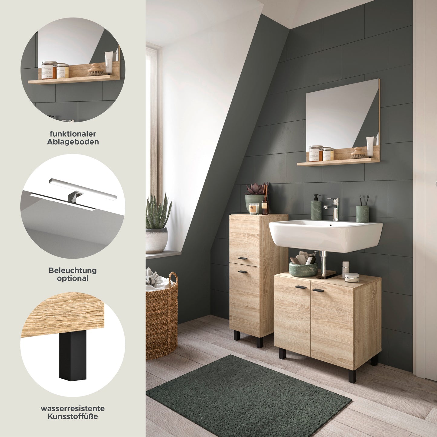Homes & Jones Badezimmer Set 3tlg. Badmöbel hängend oder bodenstehend montierb.