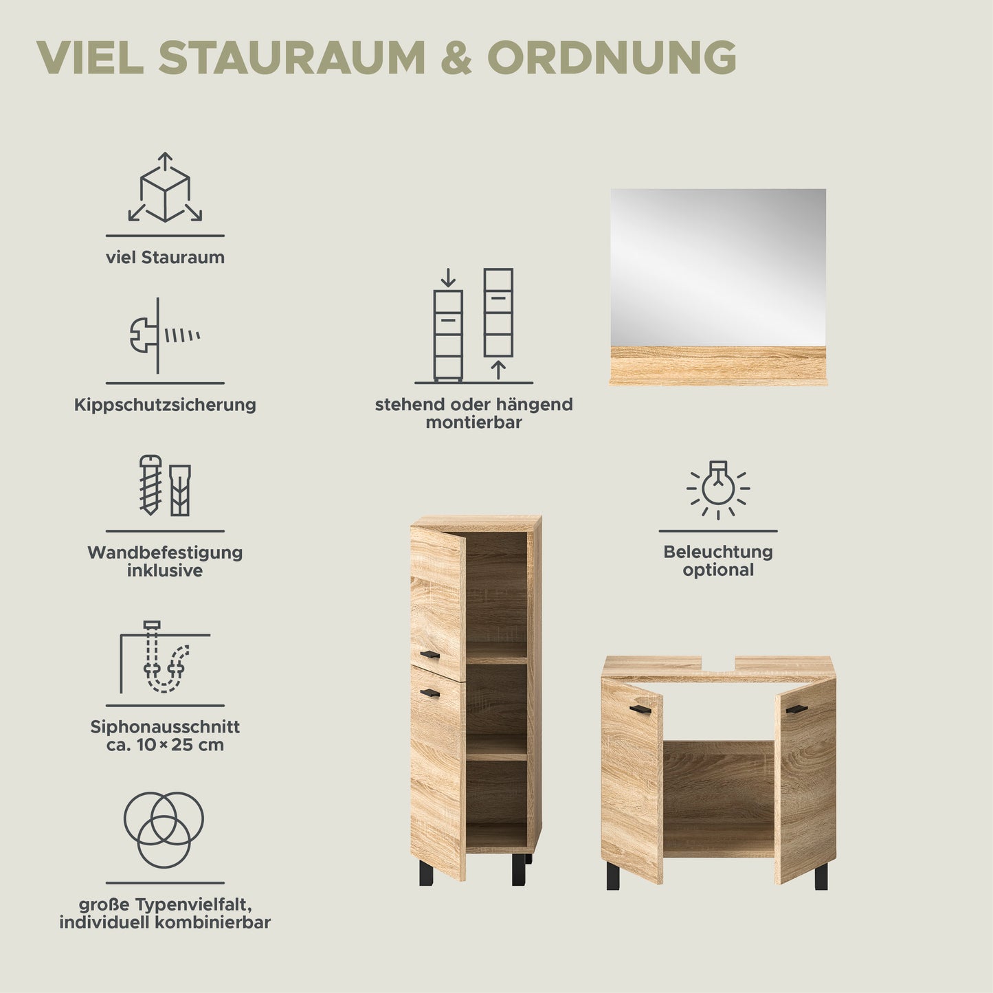 Homes & Jones Badezimmer Set 3tlg. Badmöbel hängend oder bodenstehend montierb.