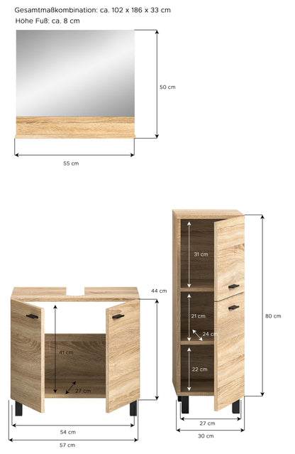 Homes & Jones Badezimmer Set 3tlg. Badmöbel hängend oder bodenstehend montierb.