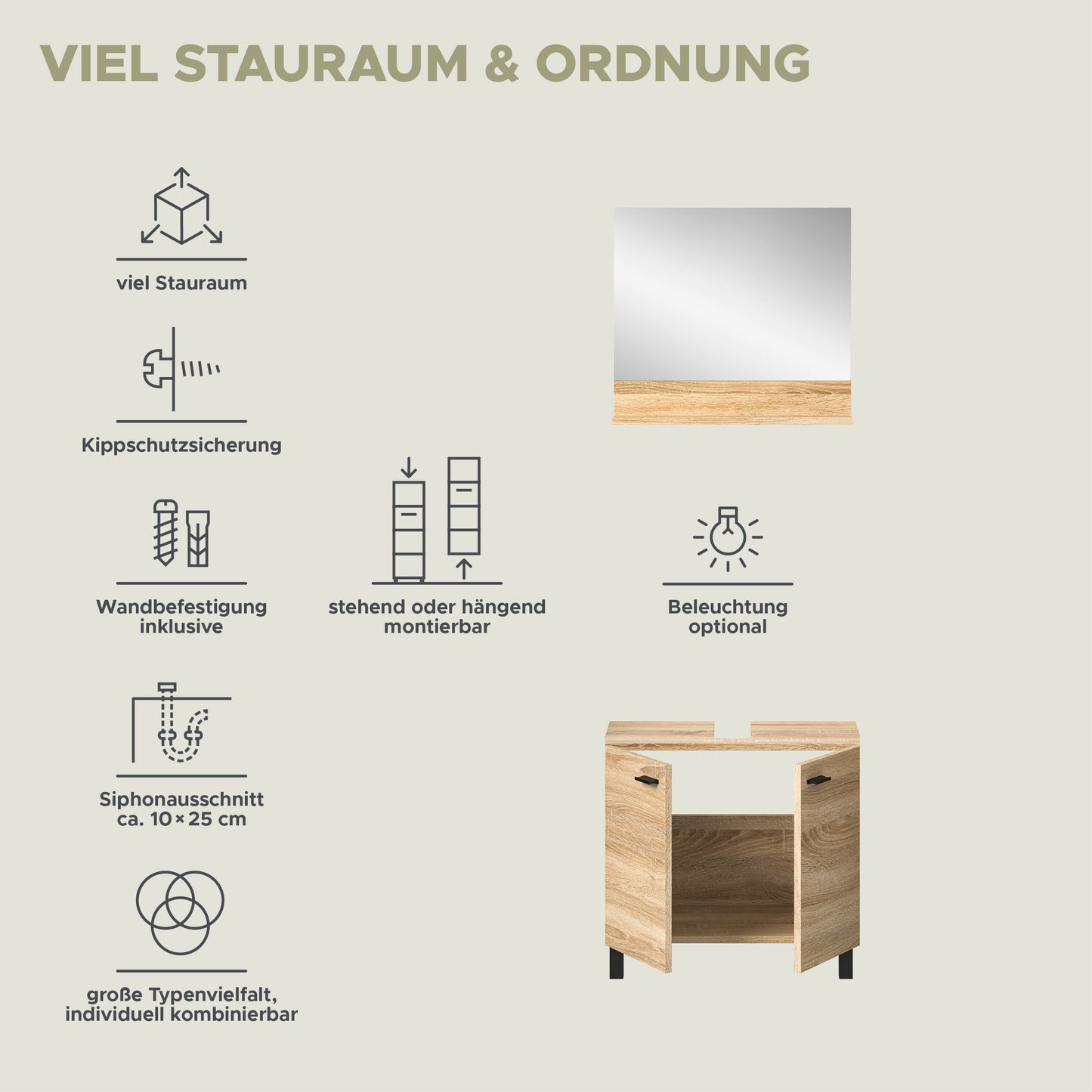 Badmöbel mit viel Stauraum, Kippschutz und Stand- oder Hängemontage.