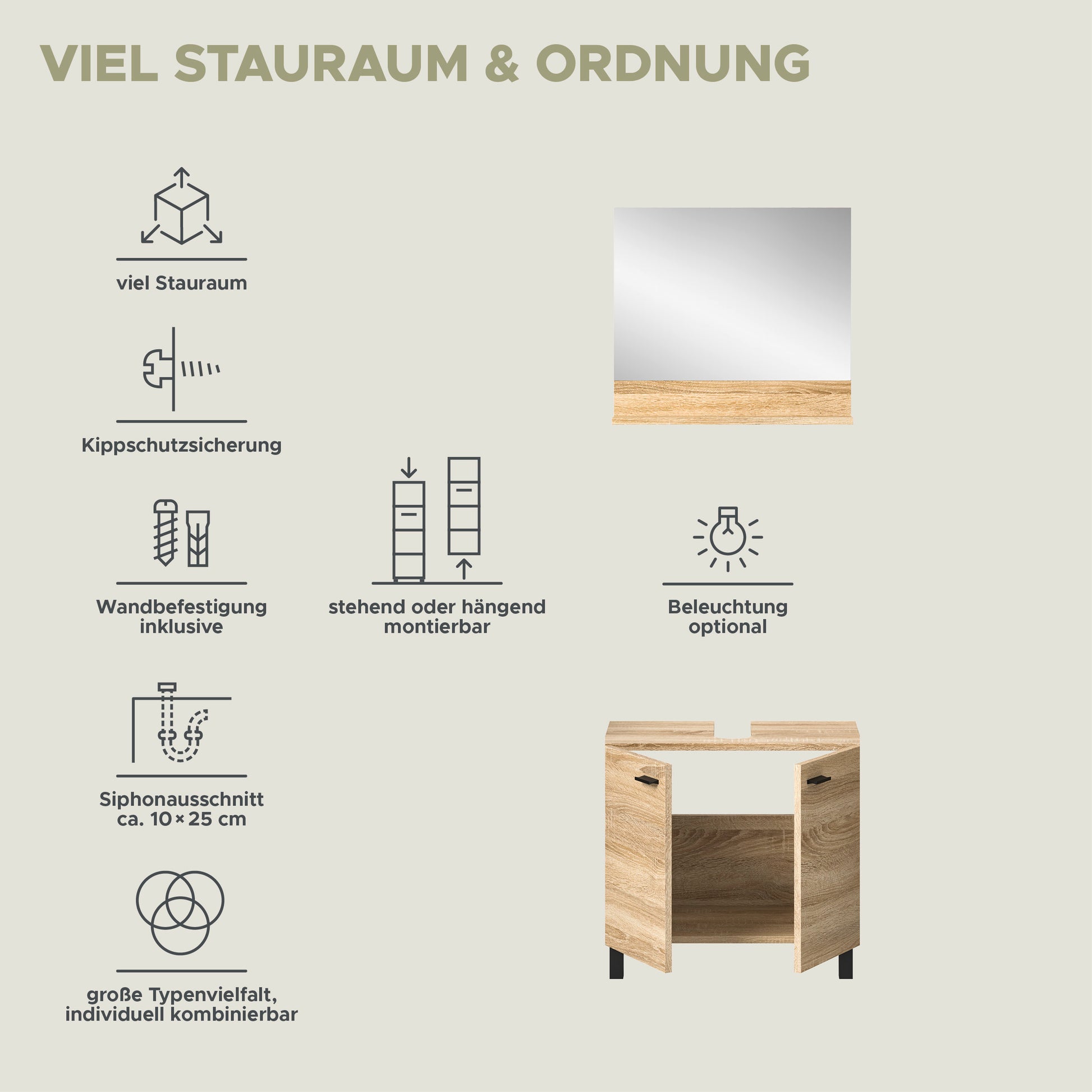 Badmöbel mit viel Stauraum, Kippschutz und Stand- oder Hängemontage.