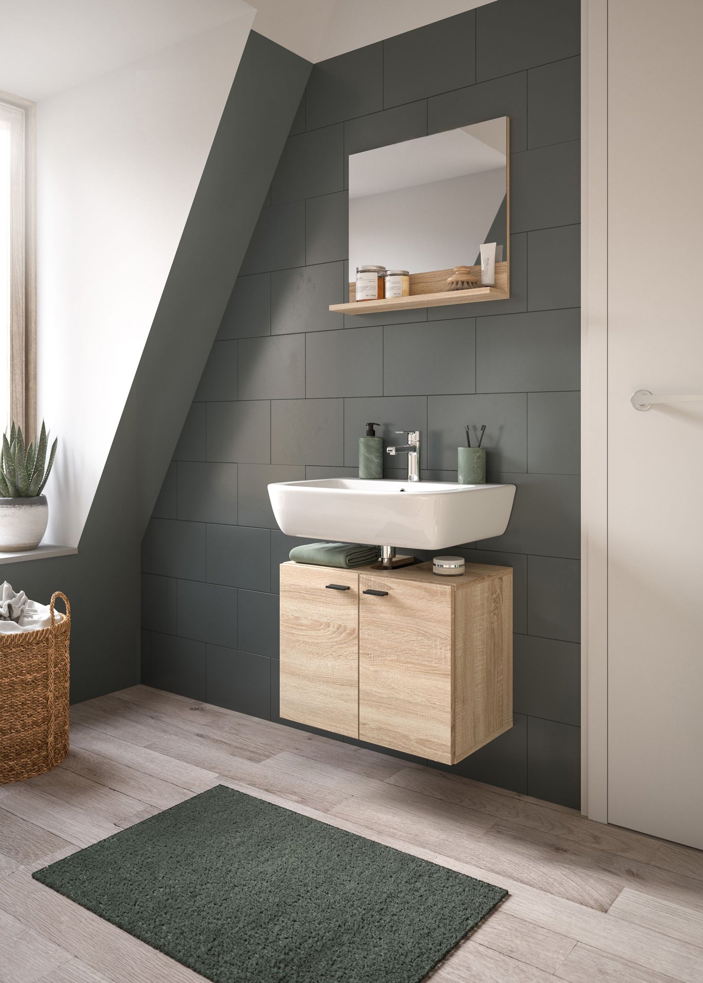 Badezimmer-Waschtisch mit Spiegelschrank über Unterschrank Sonoma-Eiche, zwei Türen.