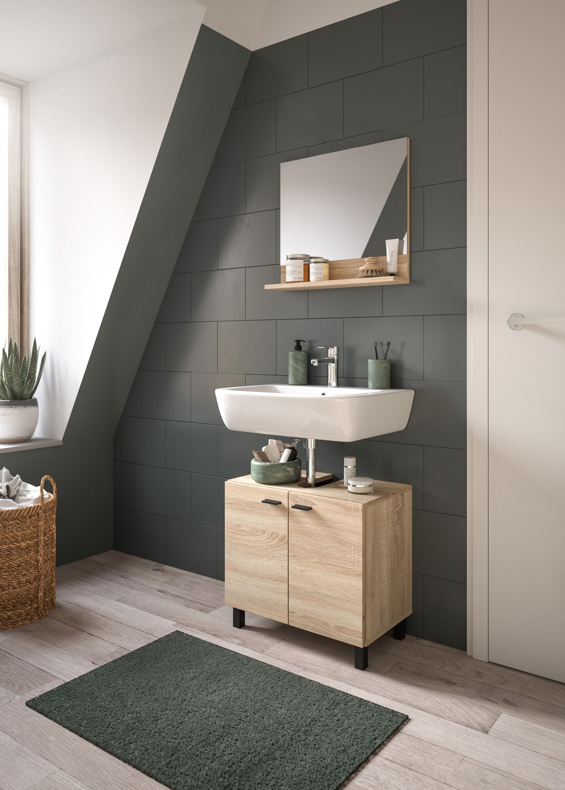 Badezimmer-Waschtisch mit Unterschrank Sonoma-Eiche, zwei Türen und Waschbecken.