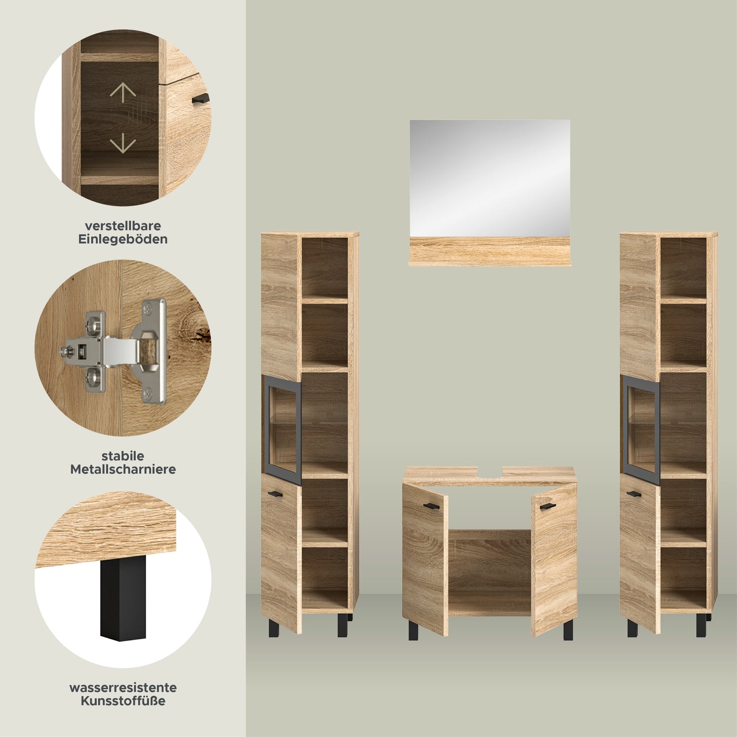 Homes & Jones Badezimmer Set 4tlg. Badmöbel hängend oder bodenstehend montierb.