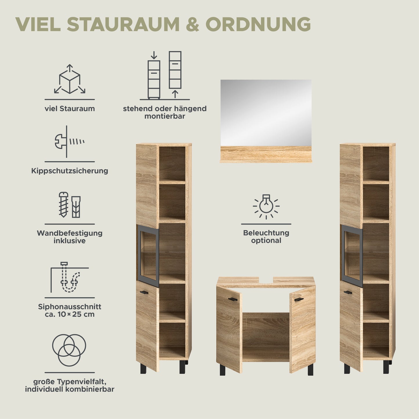Homes & Jones Badezimmer Set 4tlg. Badmöbel hängend oder bodenstehend montierb.