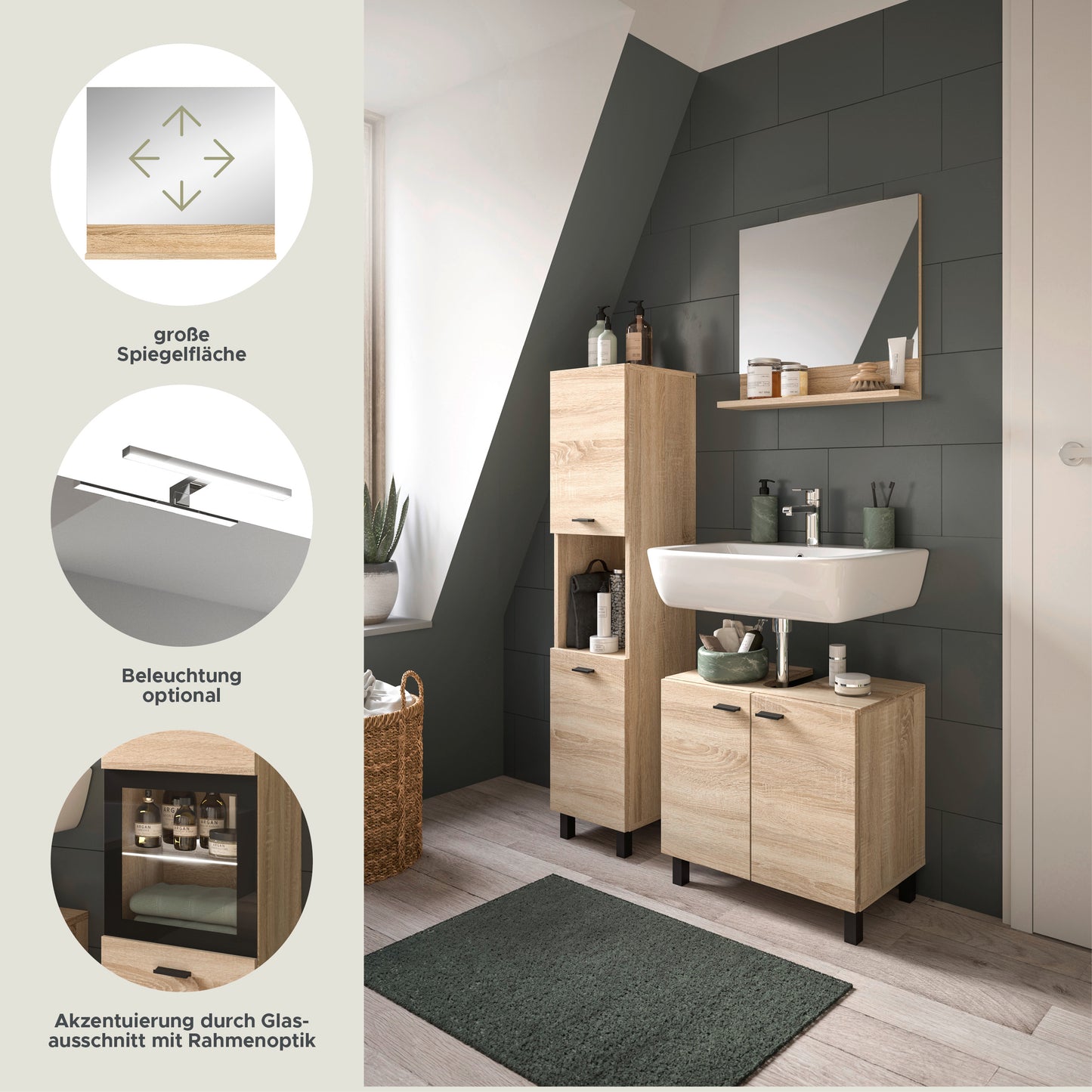 Homes & Jones Badezimmer Set 3tlg. Badmöbel hängend oder bodenstehend montierb.