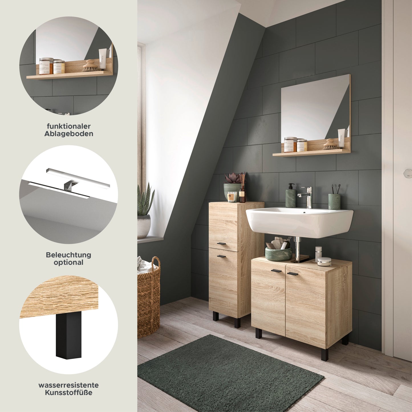 Homes & Jones Badezimmer Set 4tlg. Badmöbel hängend oder bodenstehend montierb.