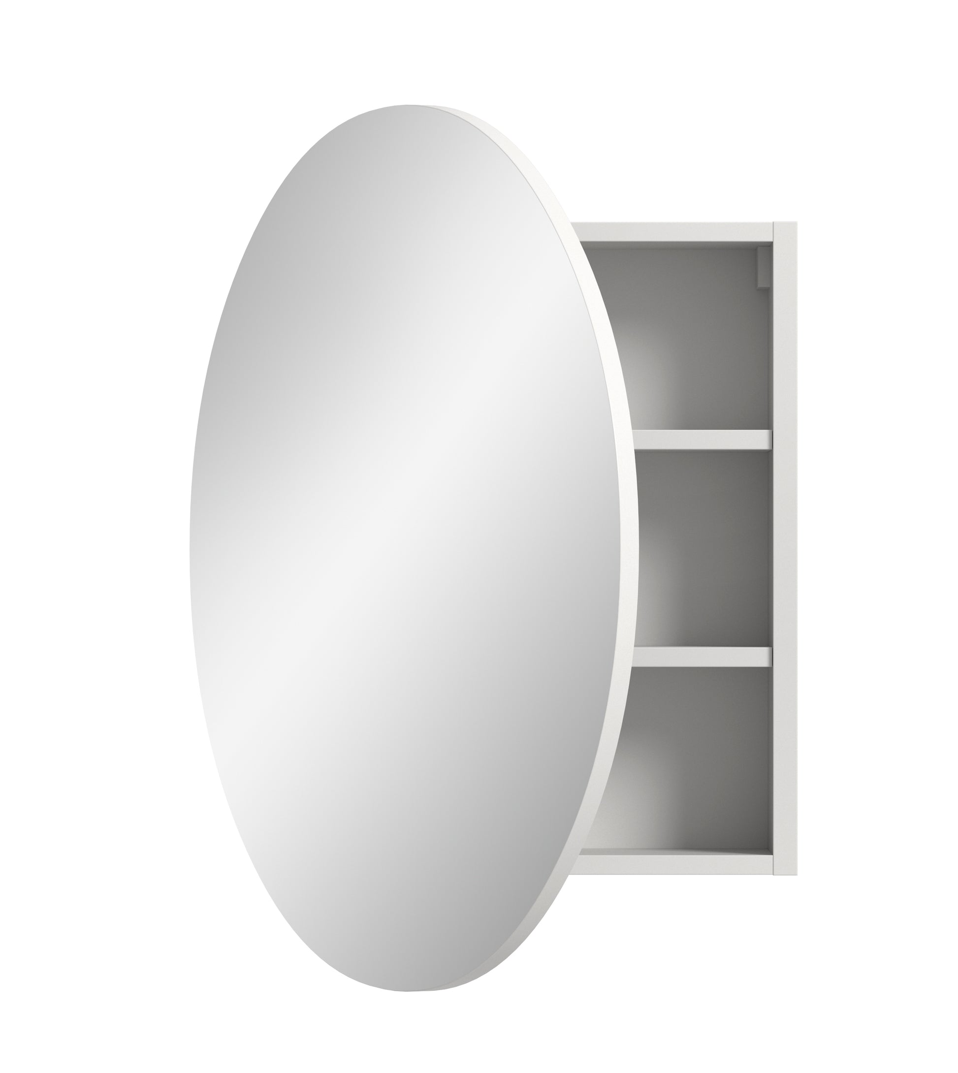 Runder Bad-Spiegelschrank mit geöffnetem Innenfach und Rundspiegel, 70 cm