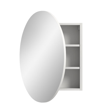Runder Bad-Spiegelschrank mit geöffnetem Innenfach und Rundspiegel, 70 cm
