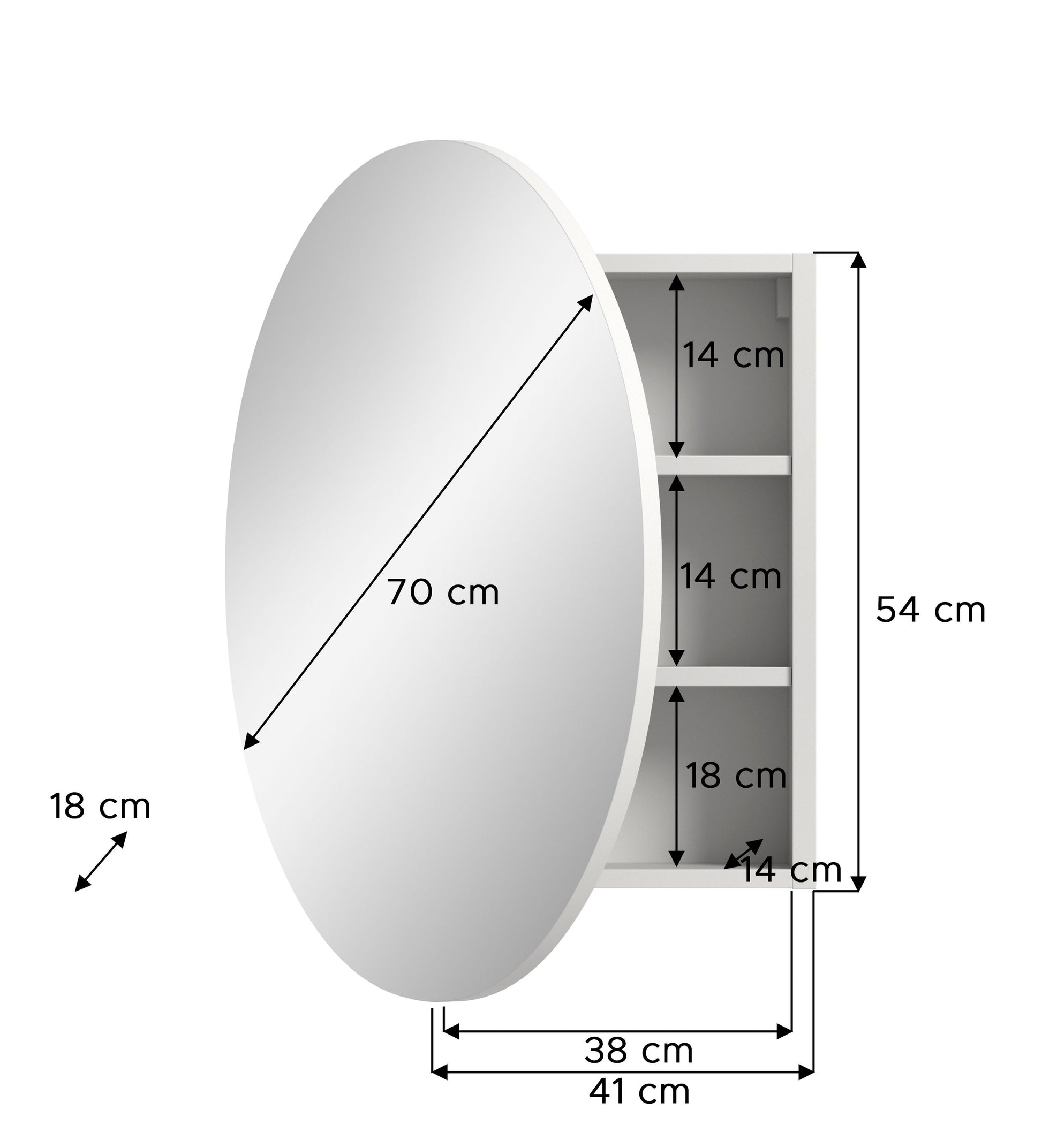 Maßskizze: runder Bad-Spiegelschrank mit Rundspiegel, 70 cm