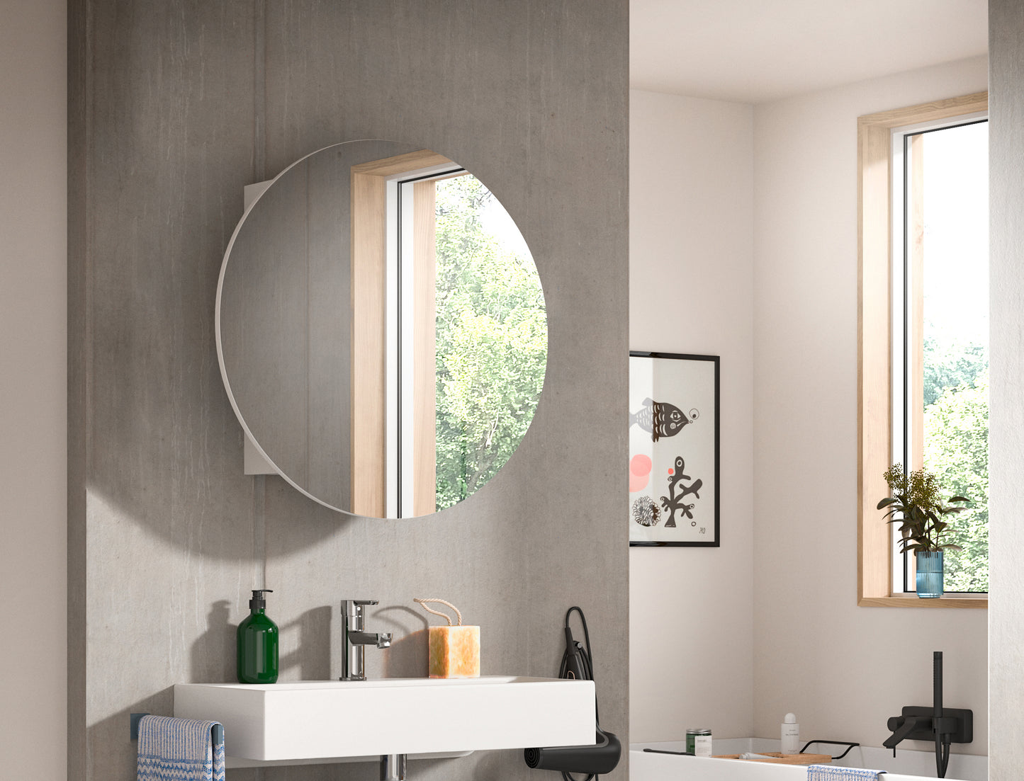 Runder Bad-Spiegelschrank mit Rundspiegel, 70 cm an der Wand