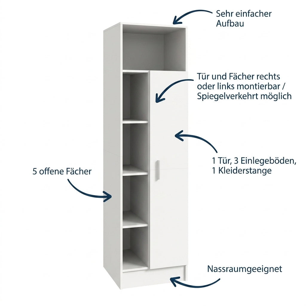 Weißen Hochschrank mit Tür und offenen Fächern, 1 Tür und 1 Kleiderstange