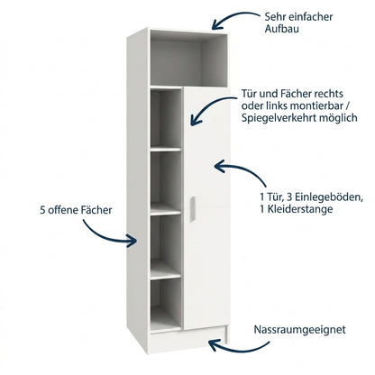 Weißen Hochschrank mit Tür und offenen Fächern, 1 Tür und 1 Kleiderstange