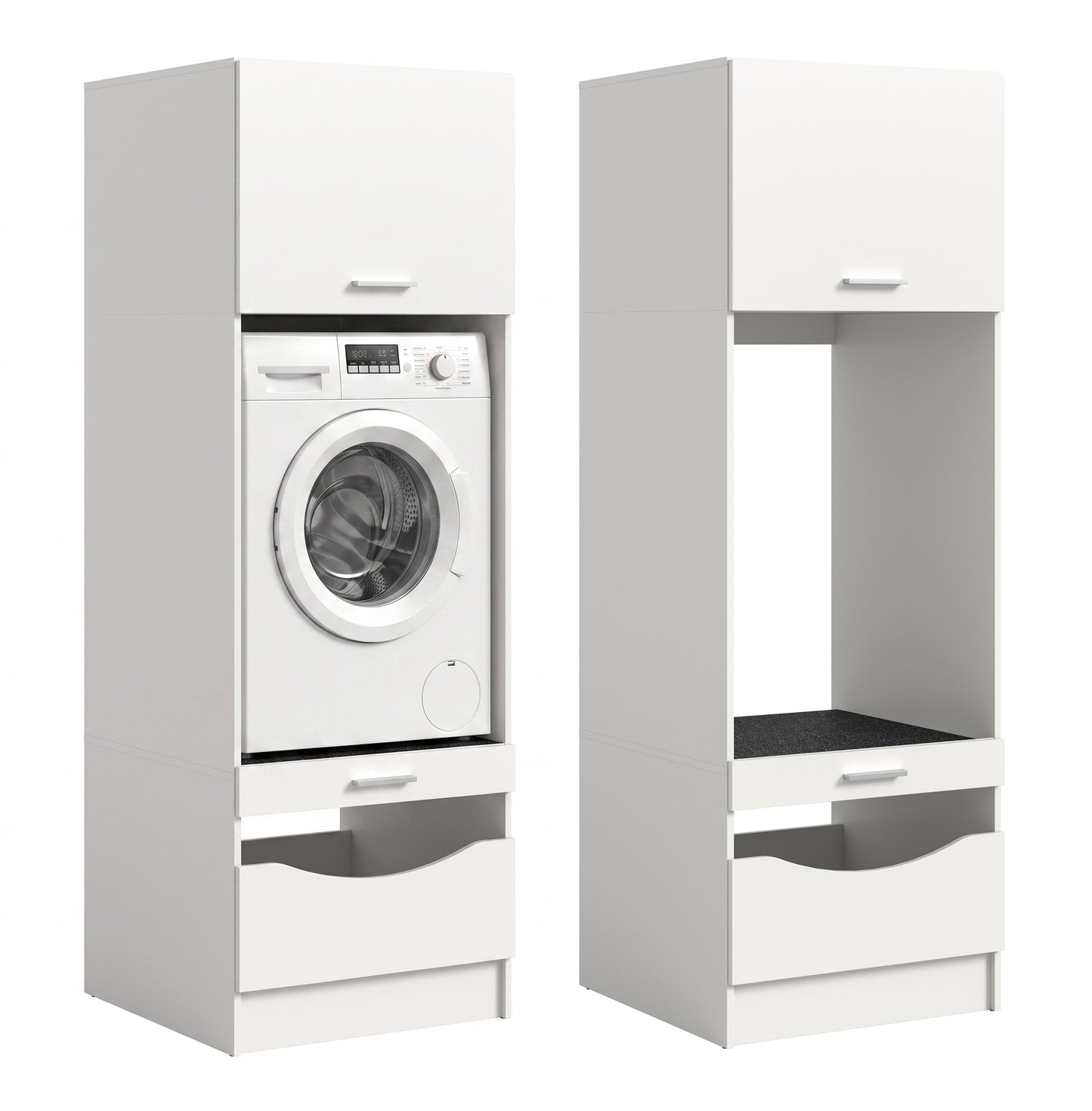 Weißer Waschmaschinenschrank mit eingebauter Waschmaschine, Klappe oben und Schubfach