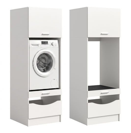 Weißer Waschmaschinenschrank mit eingebauter Waschmaschine, Klappe oben und Schubfach