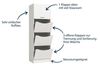 Wäscheschrank-Aufbauplan: 1 Klappe oben und 3 Klappen zur Wäschetrennung