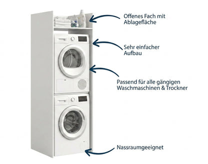 Waschmaschinenschrank in Weiß mit offenem Fach, für Waschmaschine und Trockner
