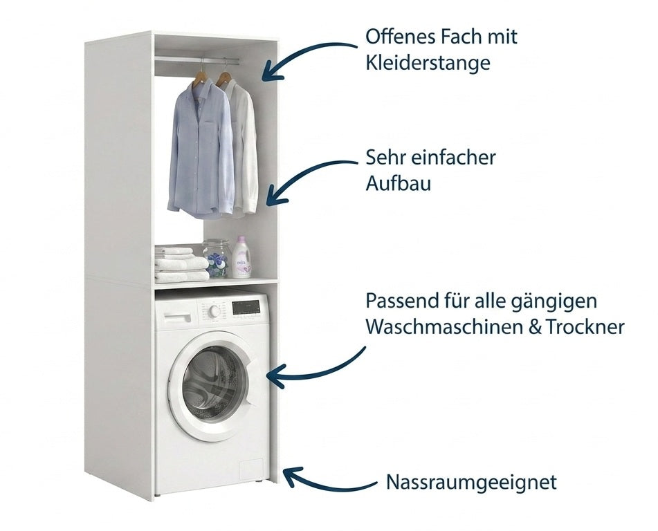 Waschmaschinenschrank Homes & Jones in Weiß mit Kleiderstange, Regalfächern und Platz für Trockner