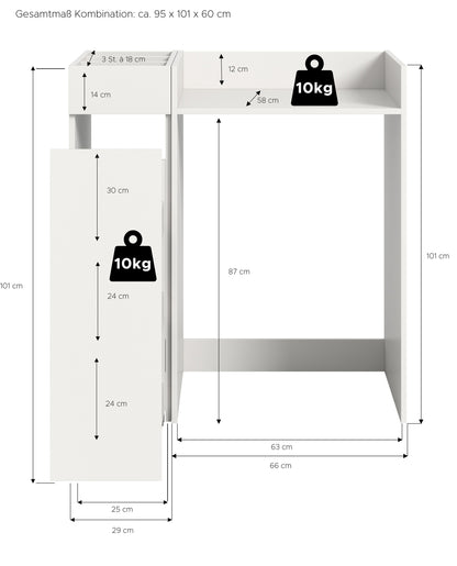 Waschmaschinenschrank mit Maßangaben: Überbauregal, Frontklappe und Ablageflächen