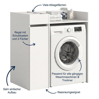 Waschmaschinenschrank mit Regal und Schubfach, passend über gängige Waschmaschinen