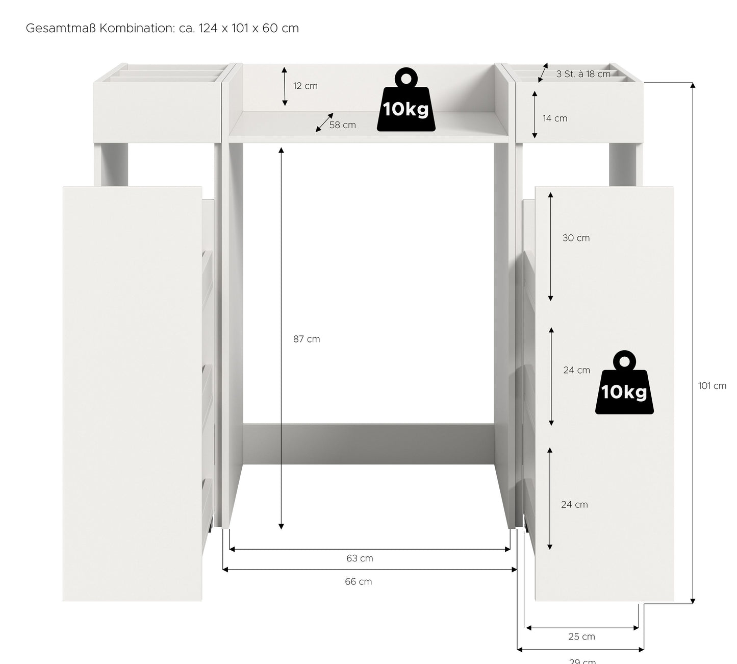 Waschmaschinenschrank mit Maßen: 124×101×60 cm, Ablage und offene Fächer, weiß