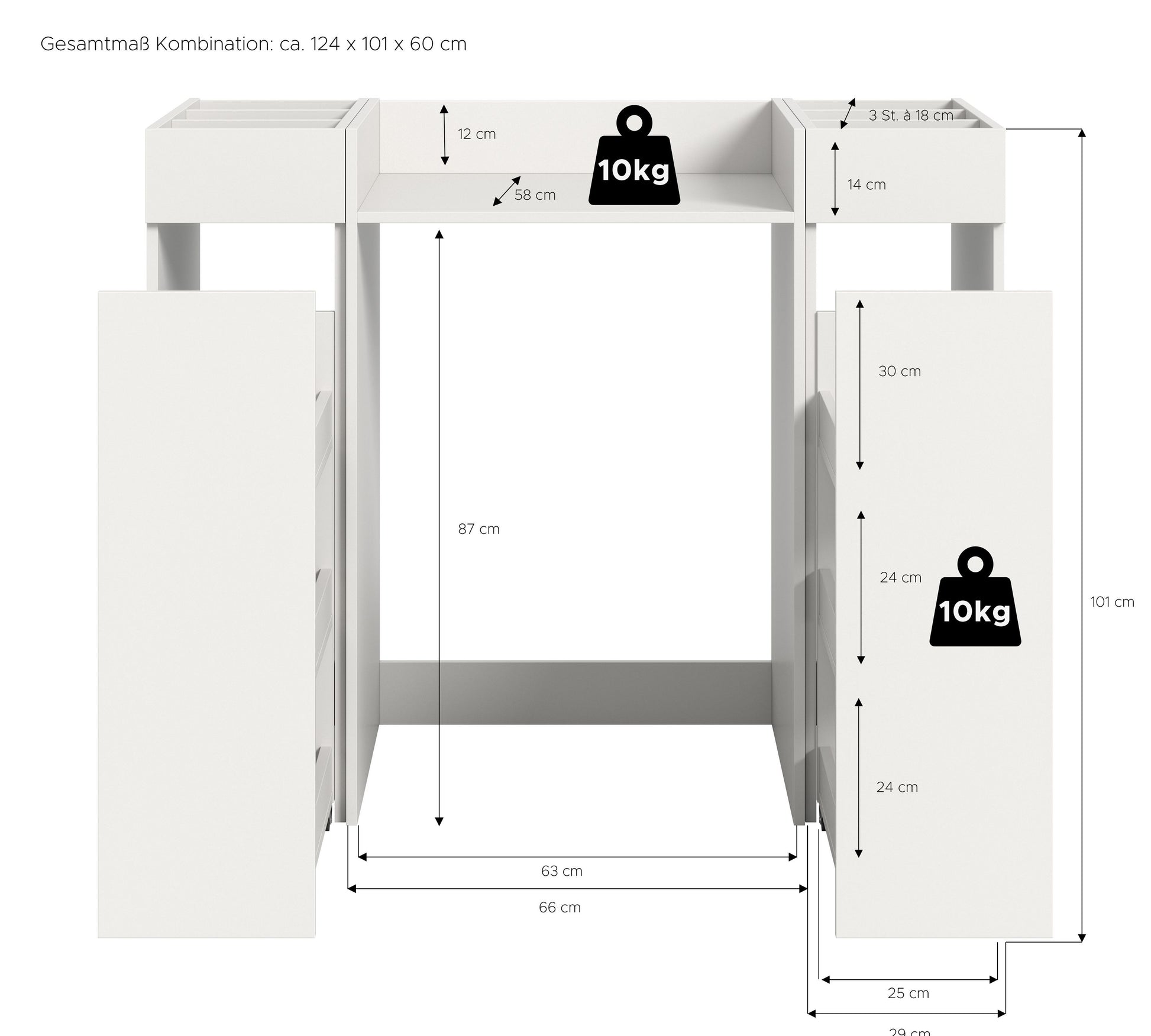 Waschmaschinenschrank mit Maßen: 124×101×60 cm, Ablage und offene Fächer, weiß