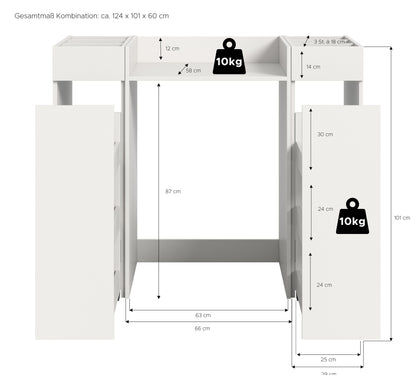 Waschmaschinenschrank mit Maßen: 124×101×60 cm, Ablage und offene Fächer, weiß