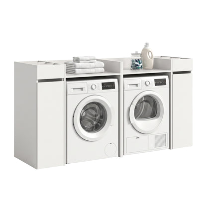 Waschmaschinenschrank-Set, weiß, mit 2 Fronten für Waschmaschine und Trockner sowie Stauraum