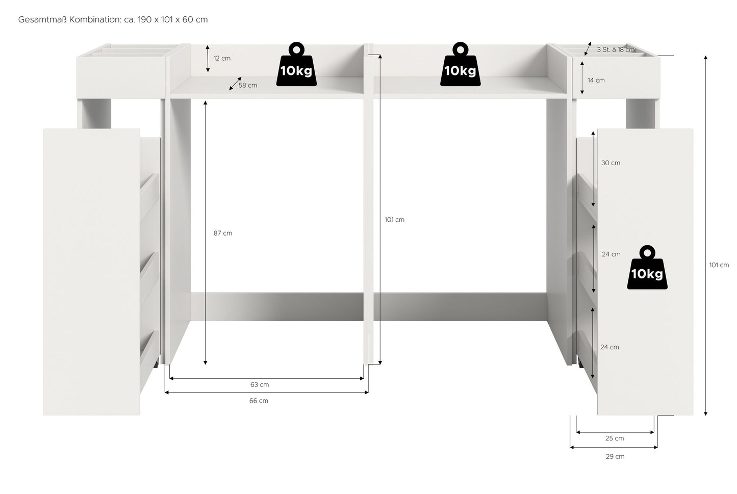 Waschmaschinenschrank-Set, weiß, mit Maßenangaben und 10-kg-Stützlast