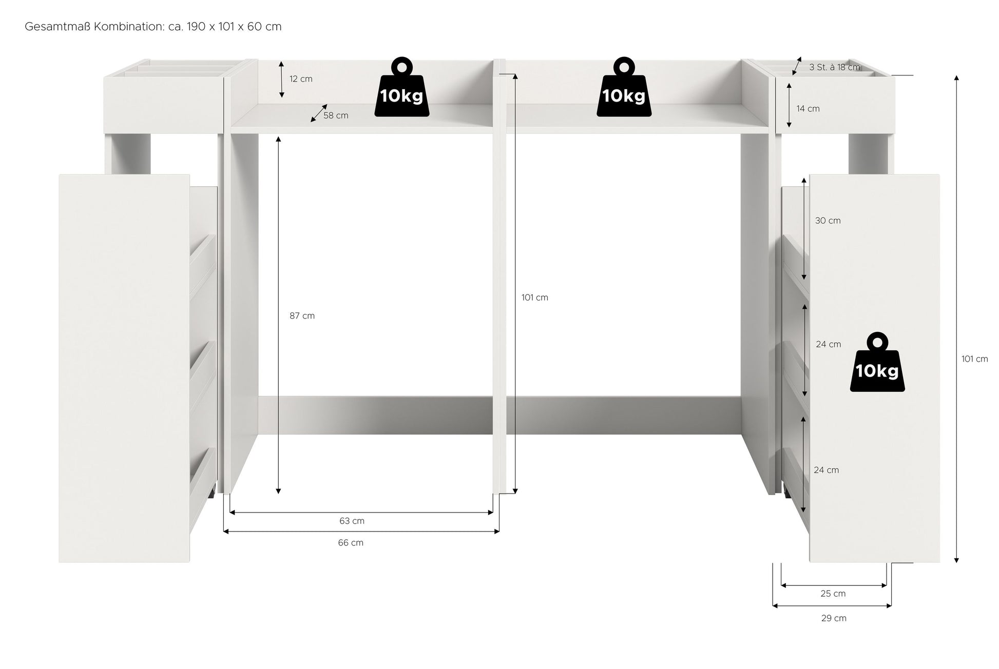 Waschmaschinenschrank-Set, weiß, mit Maßenangaben und 10-kg-Stützlast