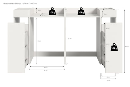 Waschmaschinenschrank-Set, weiß, mit Maßenangaben und 10-kg-Stützlast