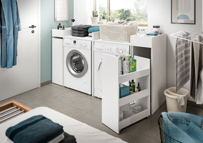 Waschmaschinenschrank-Set, weiß, neben Waschmaschine, mit offenen Einschubfächern