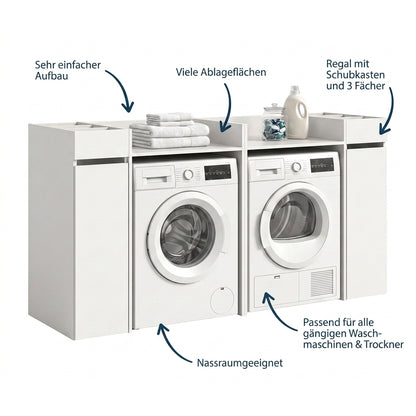Waschmaschinenschrank-Set in weiß mit mehreren Ablageflächen und Regalfächern für Waschmaschine & Trockner