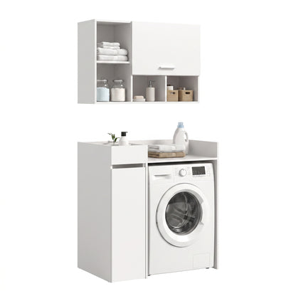 Waschmaschinenschrank-Set mit Überbau, weißes Möbel mit Frontlader-Waschmaschine und Regalen