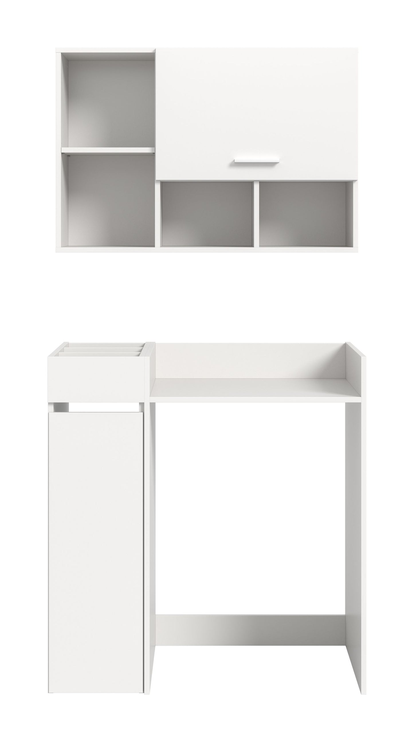 Waschmaschinenschrank-Set mit Überbau, weißer Schrank mit offener Ablage und Tür