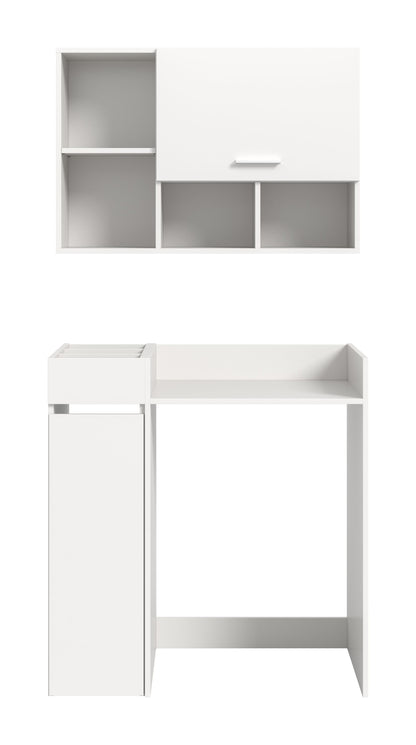 Waschmaschinenschrank-Set mit Überbau, weißer Schrank mit offener Ablage und Tür