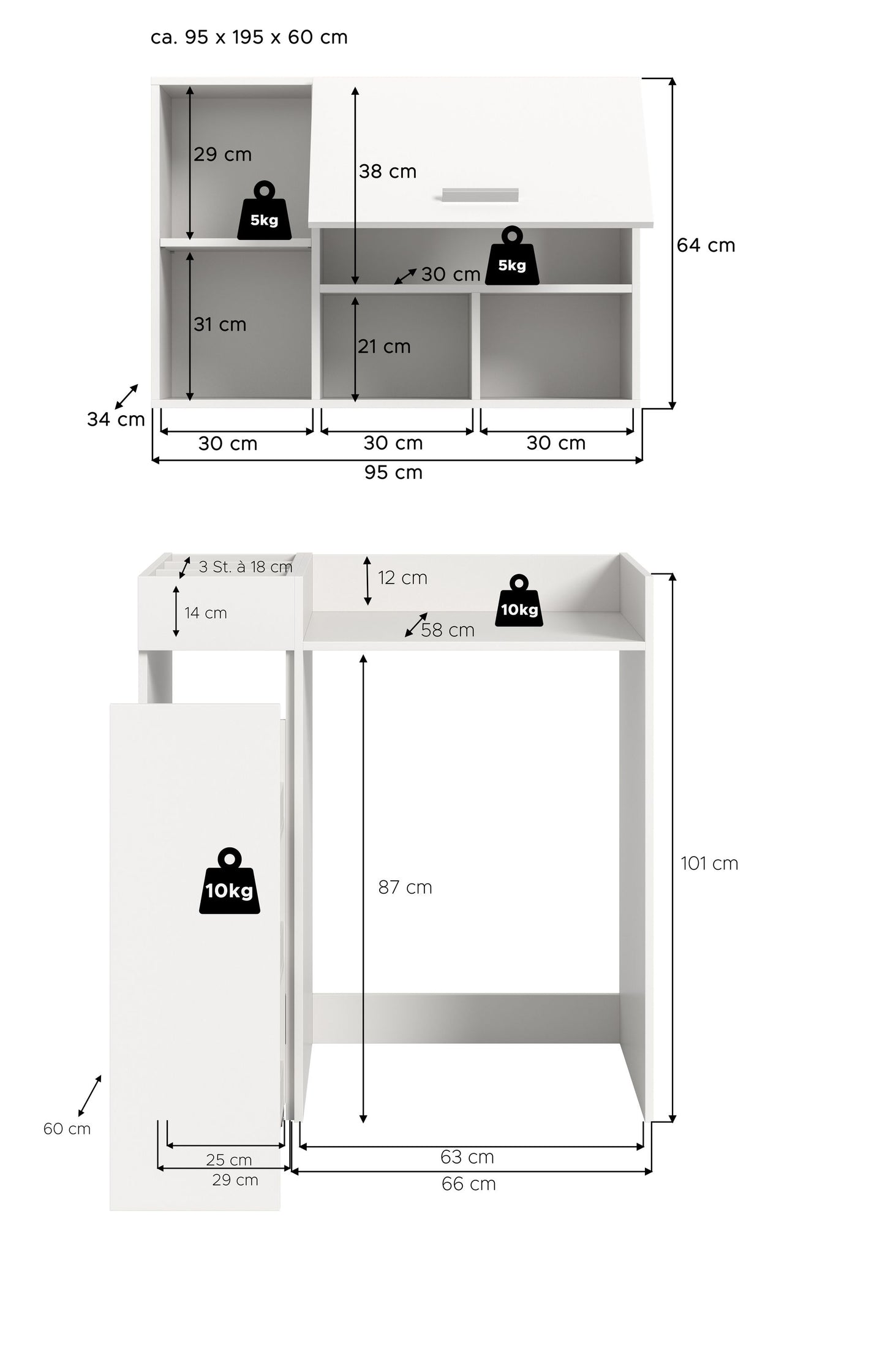 Waschmaschinenschrank-Set mit Überbau, Maßskizze mit offenen Regalfächern