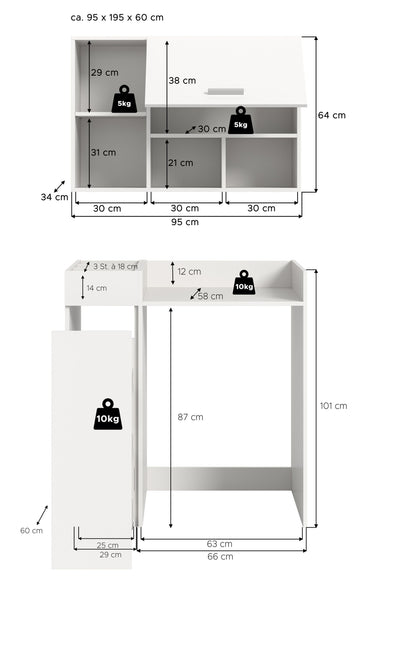 Waschmaschinenschrank-Set mit Überbau, Maßskizze mit offenen Regalfächern