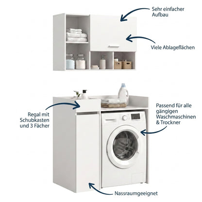 Waschmaschinenschrank-Set mit offener Klappe, Regalen und Schrankfront, weiß