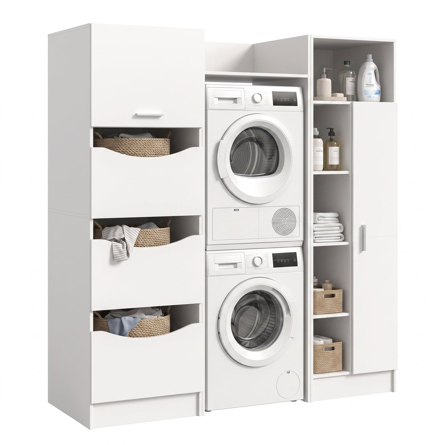 Waschmaschinenschrank-Set in Weiß, offene Fächer links und rechts, Schubladen und Tür