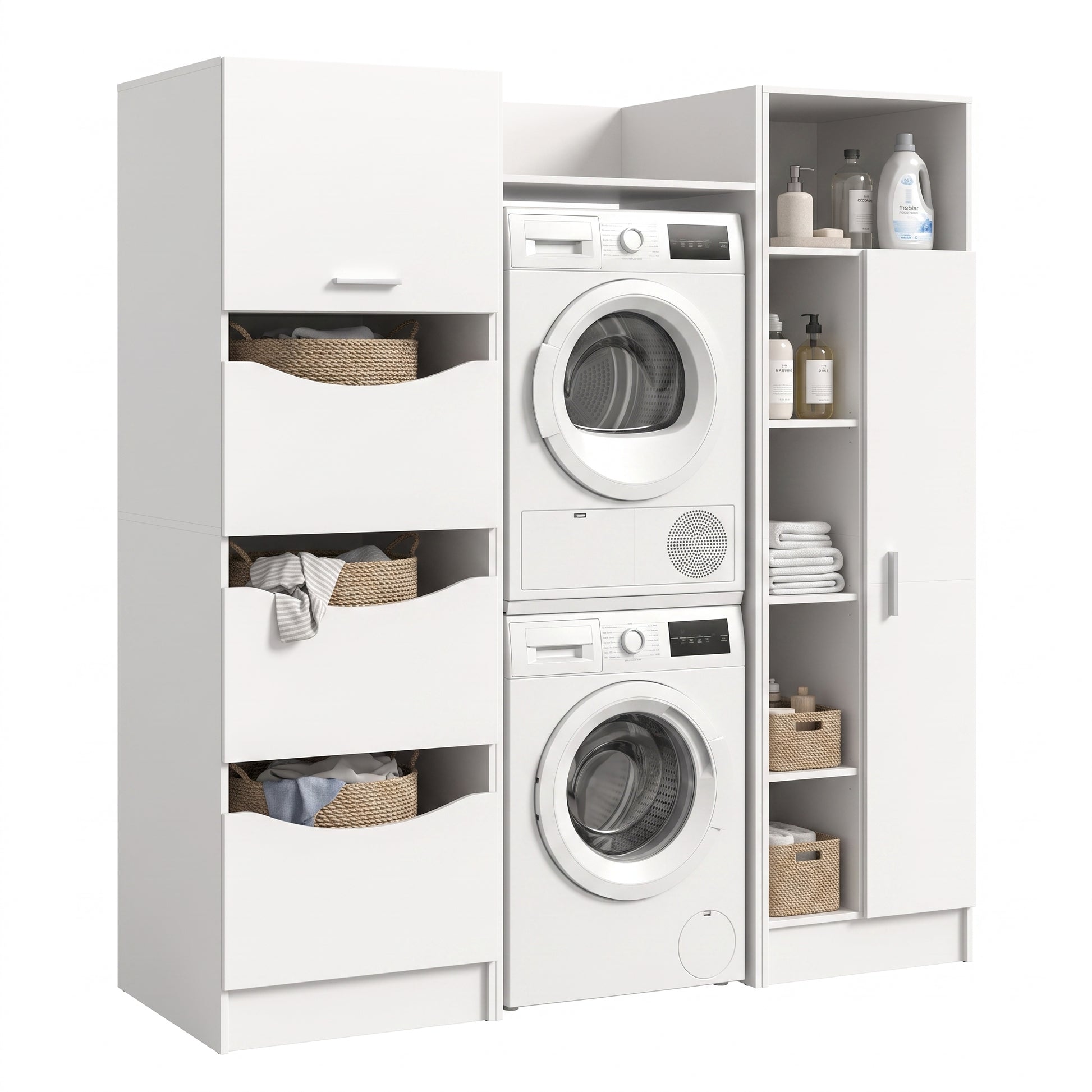 Waschmaschinenschrank-Set in Weiß, offene Fächer links und rechts, Schubladen und Tür