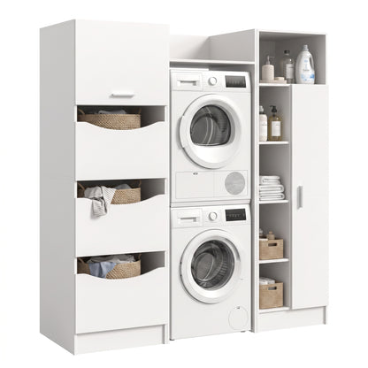 Waschmaschinenschrank-Set in Weiß, offene Fächer links und rechts, Schubladen und Tür