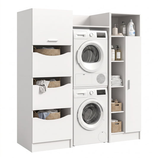 Waschmaschinenschrank-Set in Weiß, offene Fächer links und rechts, Schubladen und Tür