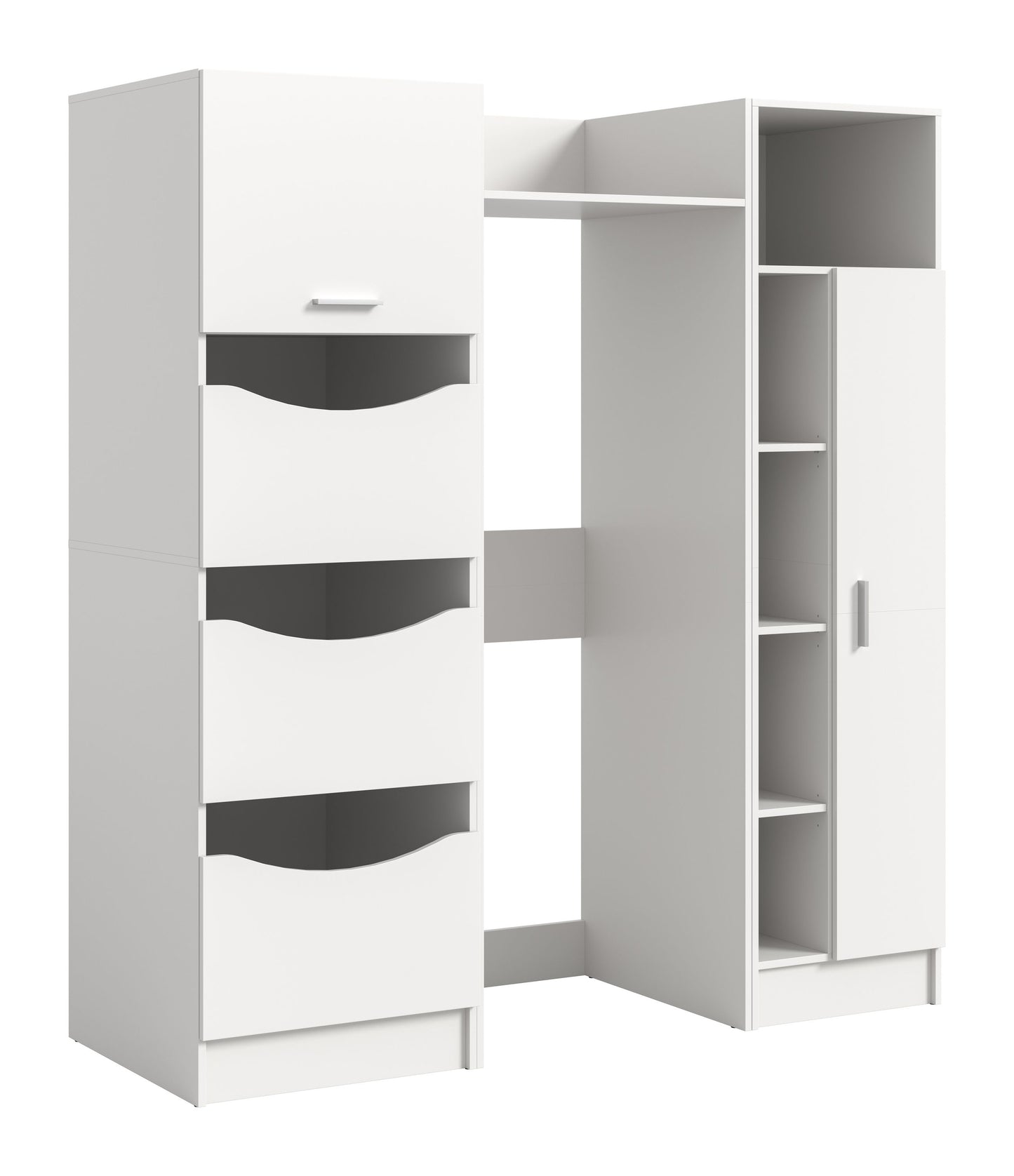 Waschmaschinenschrank-Set (3-teilig) in Weiß mit Schubladen und offenen Fächern, links geöffnet.