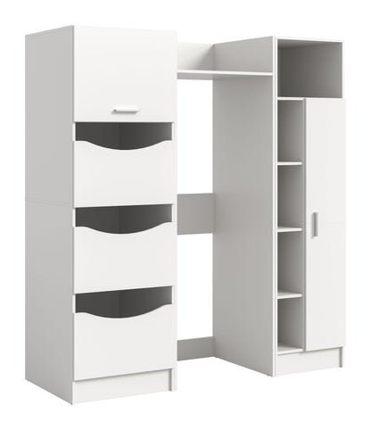 Waschmaschinenschrank-Set (3-teilig) in Weiß mit Schubladen und offenen Fächern, links geöffnet.