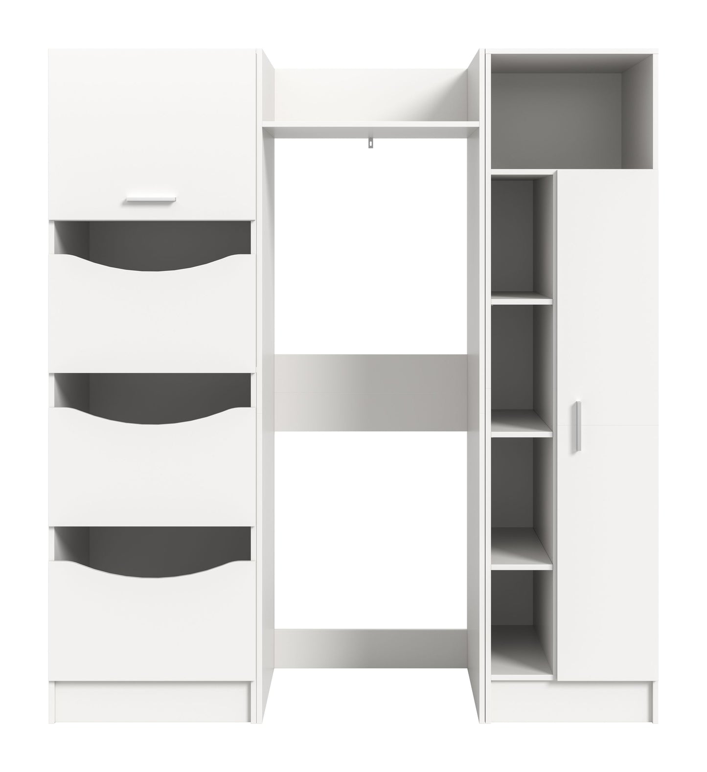 Waschmaschinenschrank-Set (3-teilig) in Weiß, geöffnet mit zwei Schubladen und rechten Fächern.