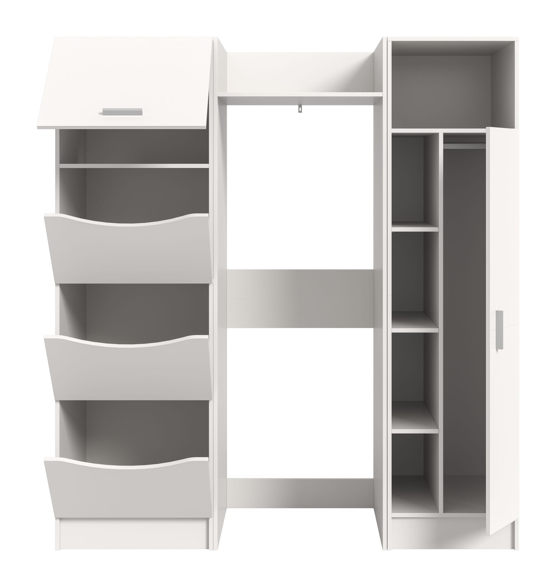Waschmaschinenschrank-Set (3-teilig) in Weiß, offene Türen mit Fächern und Schubladen links.