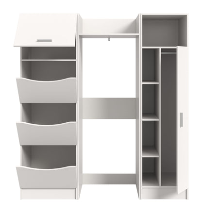 Waschmaschinenschrank-Set (3-teilig) in Weiß, offene Türen mit Fächern und Schubladen links.