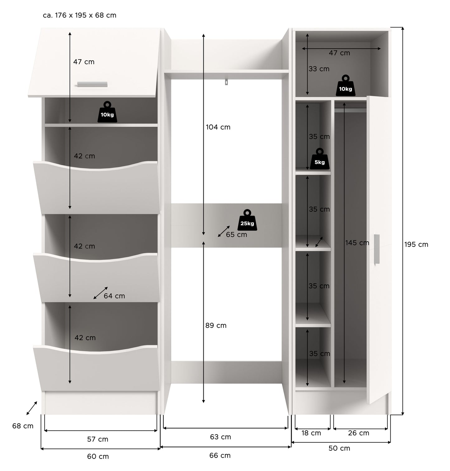 Waschmaschinenschrank-Set (3-teilig) – Frontansicht mit Innenfächern und Schubladen (Maßskizze).